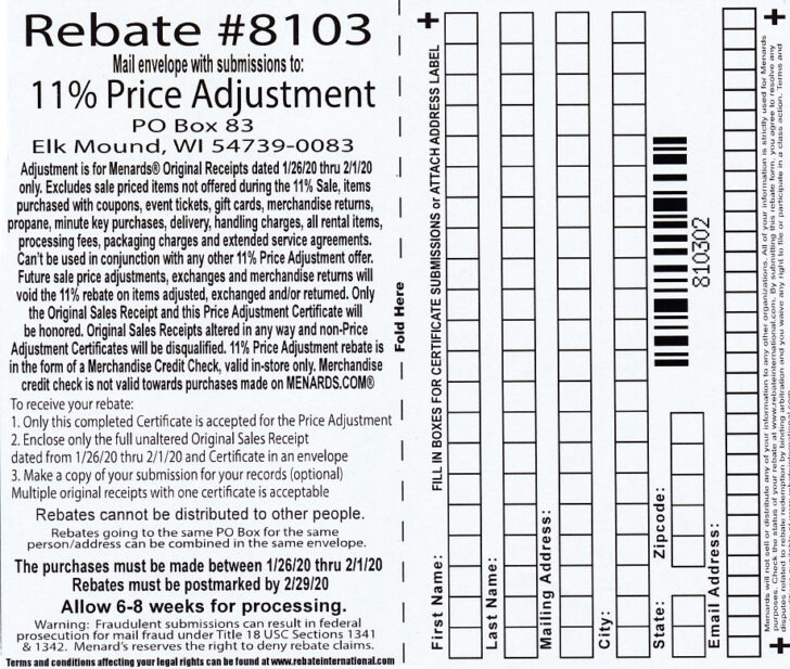 Menards 11 Price Adjustment Rebate 8103 Purchases 1 26 Printable Form 