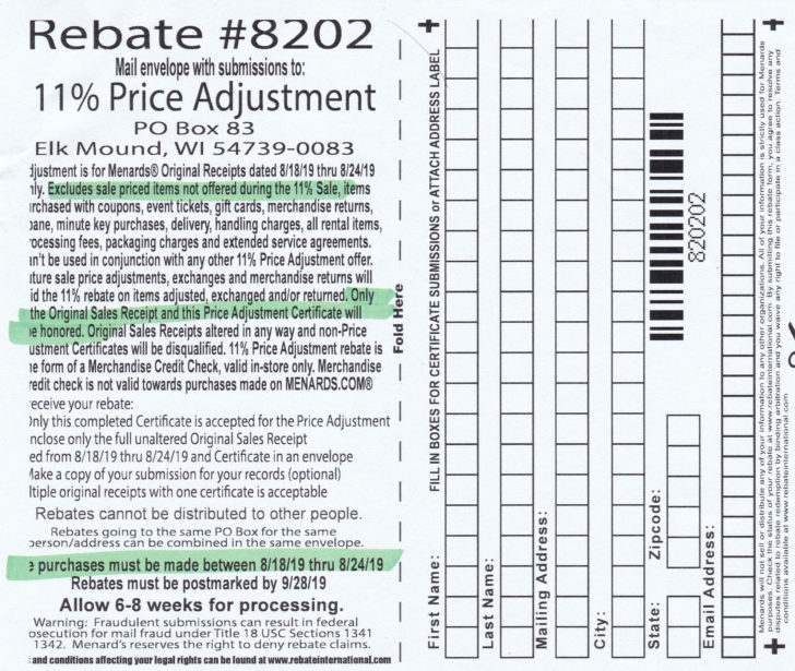 Menards 11 Price Adjustment Rebate 8202 Purchases 8 18 Printable 