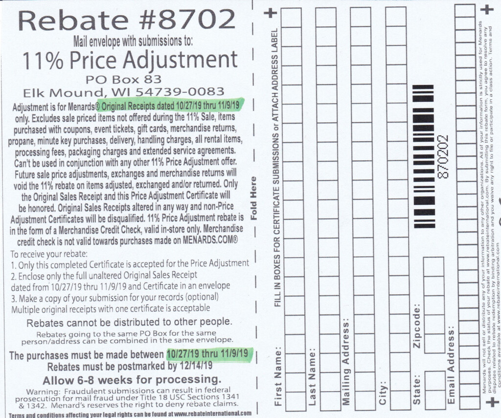 Menards 11 Price Adjustment Rebate 8702 Purchases 10 27 19 11 9 19 