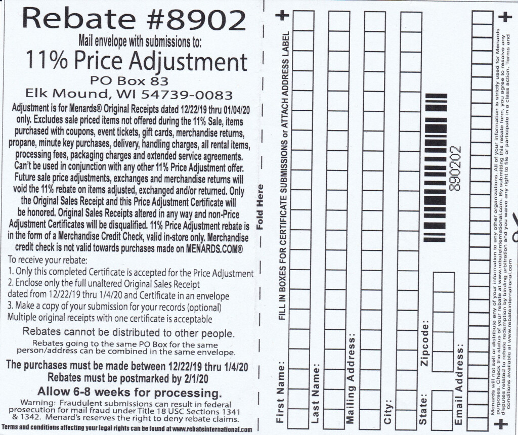 Menards 11 Price Adjustment Rebate 8902 Purchases 12 22 19 1 4 20 