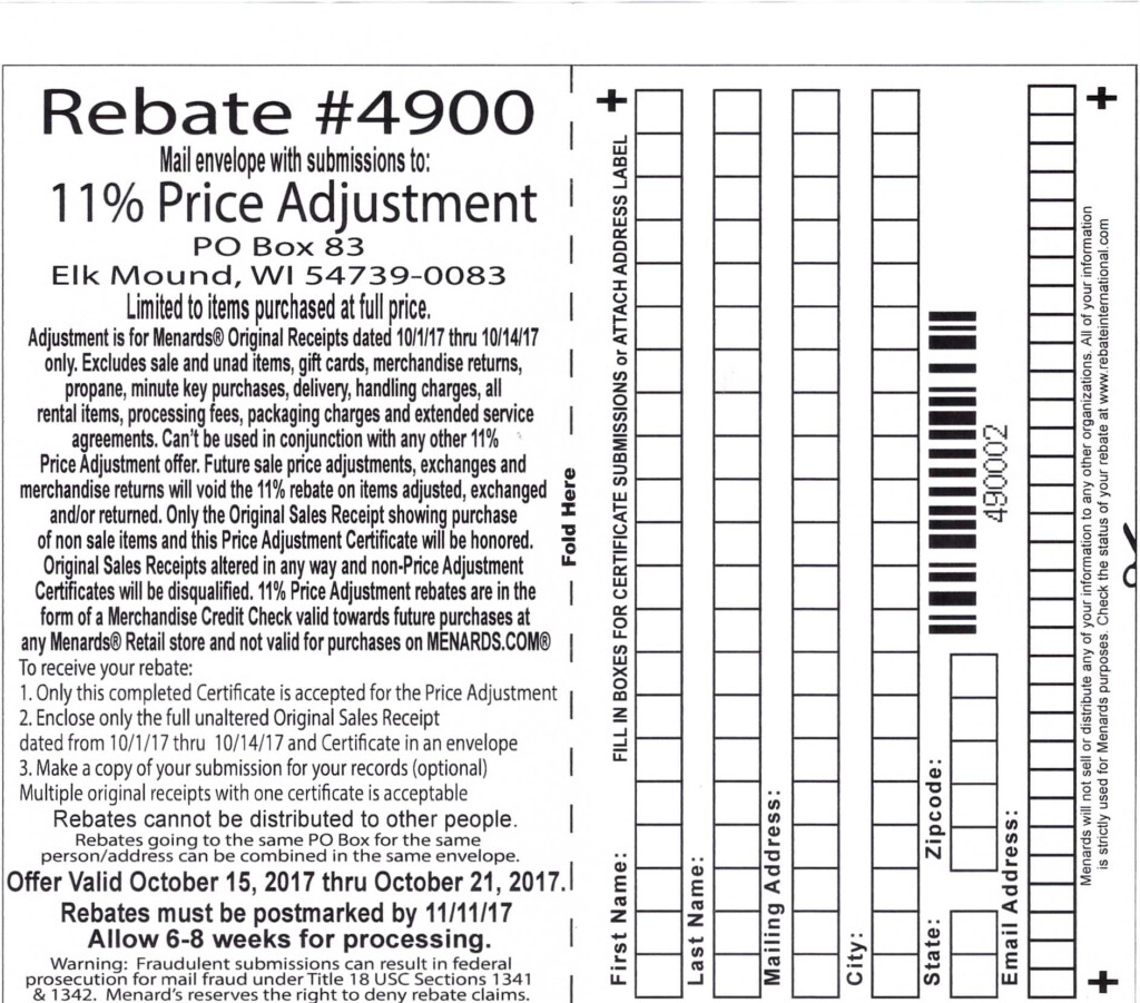 Menards 11 Price Adjustment Rebate Purchases 10 1 10 14 Struggleville