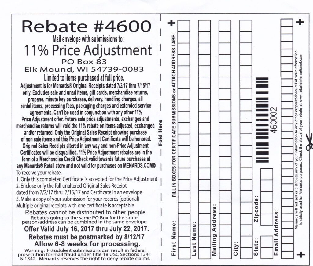 Menards 11 Price Adjustment Rebate Struggleville Printable Form 2021 