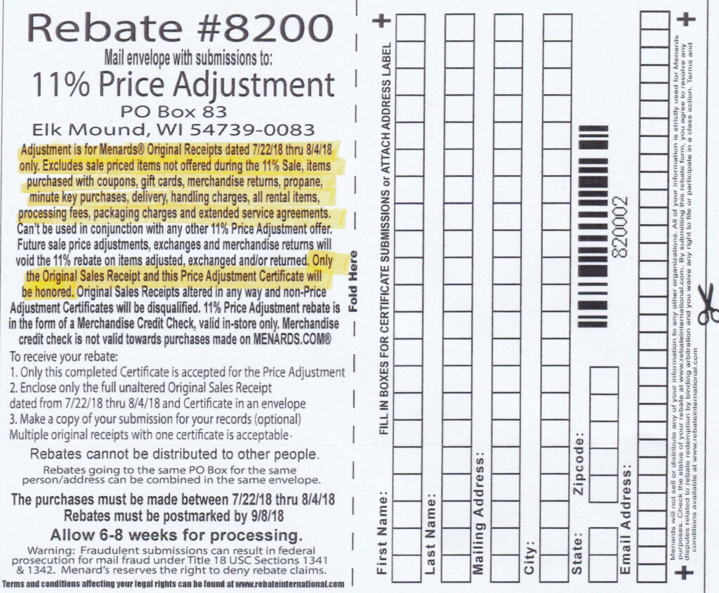 Menards 11 Price Adjustment Rebate 8200 Purchases 7 22 Printable 