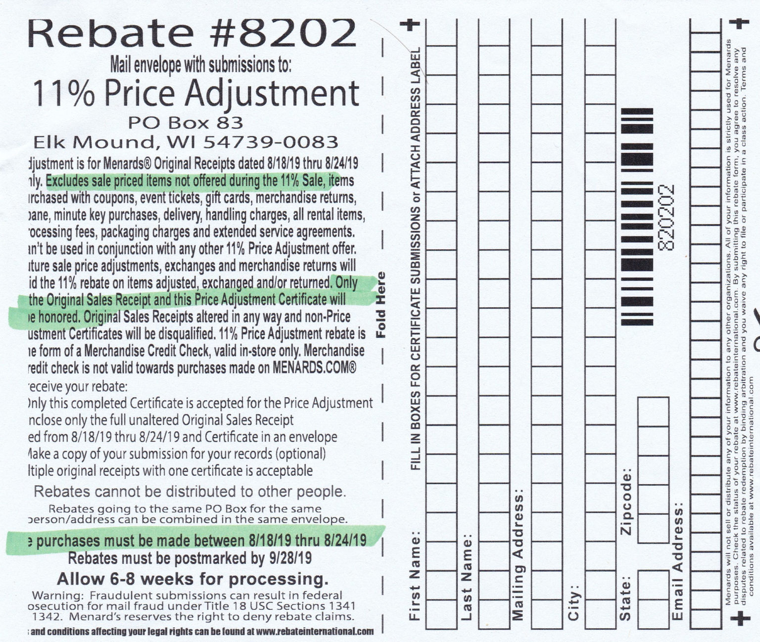 Menards 11 Price Adjustment Rebate 8202 Purchases 8 18 Printable 