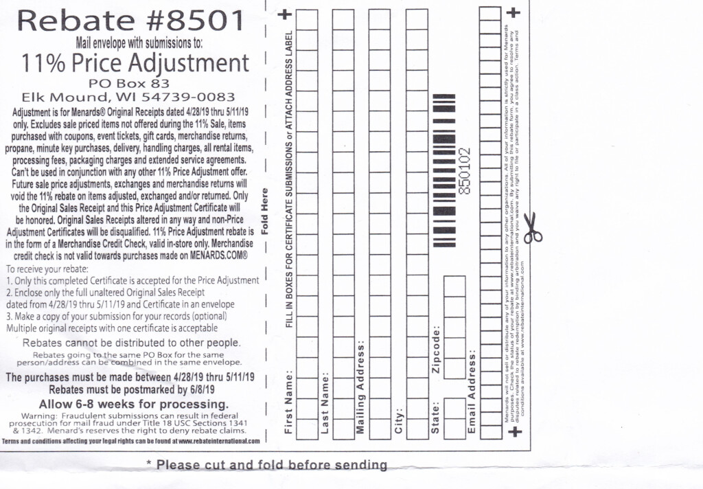 Menards 11 Price Adjustment Rebate 8501 Purchases 4 28 19 5 11 19 