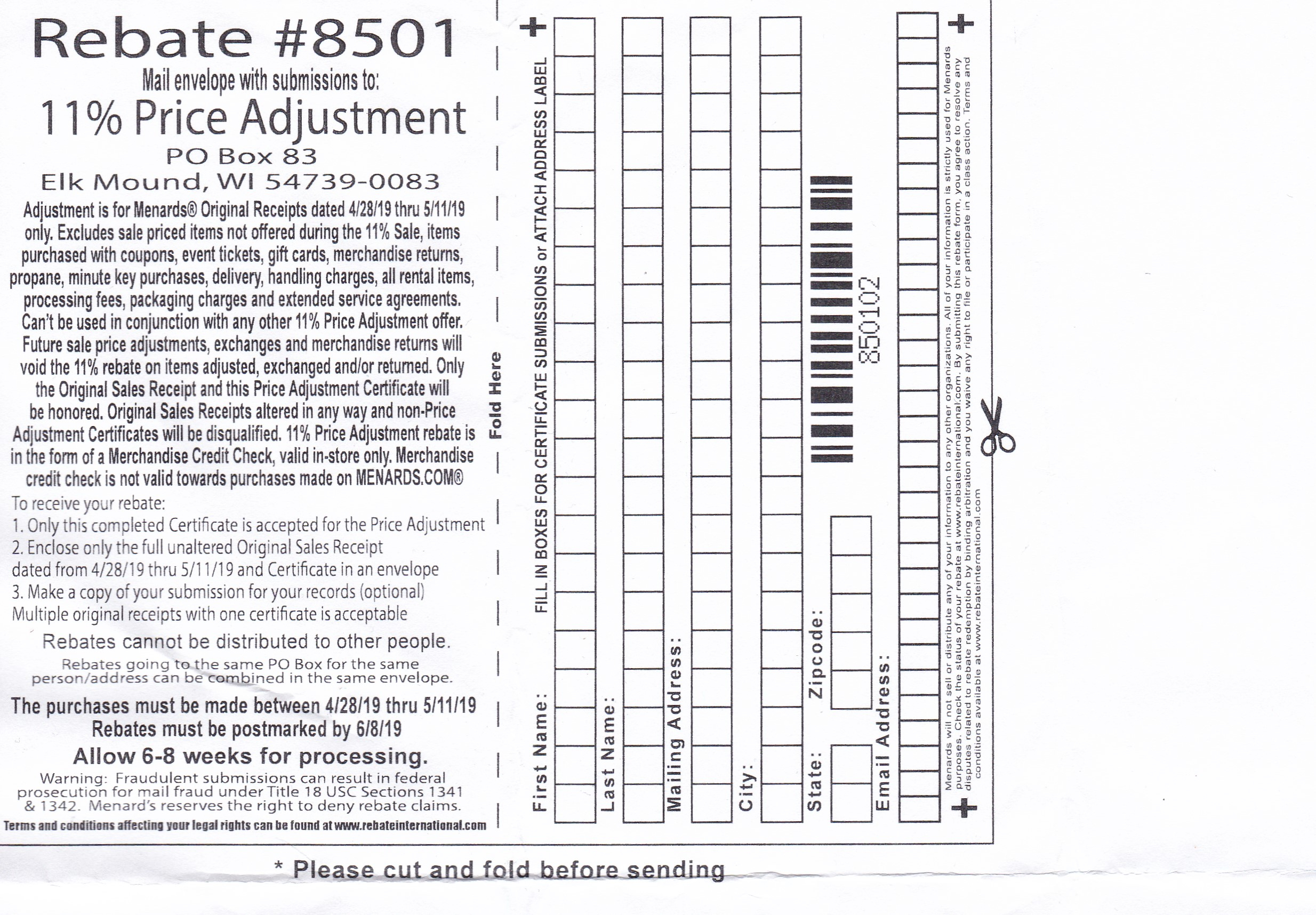 Menards 11 Price Adjustment Rebate 8501 Purchases 4 28 19 5 11 19