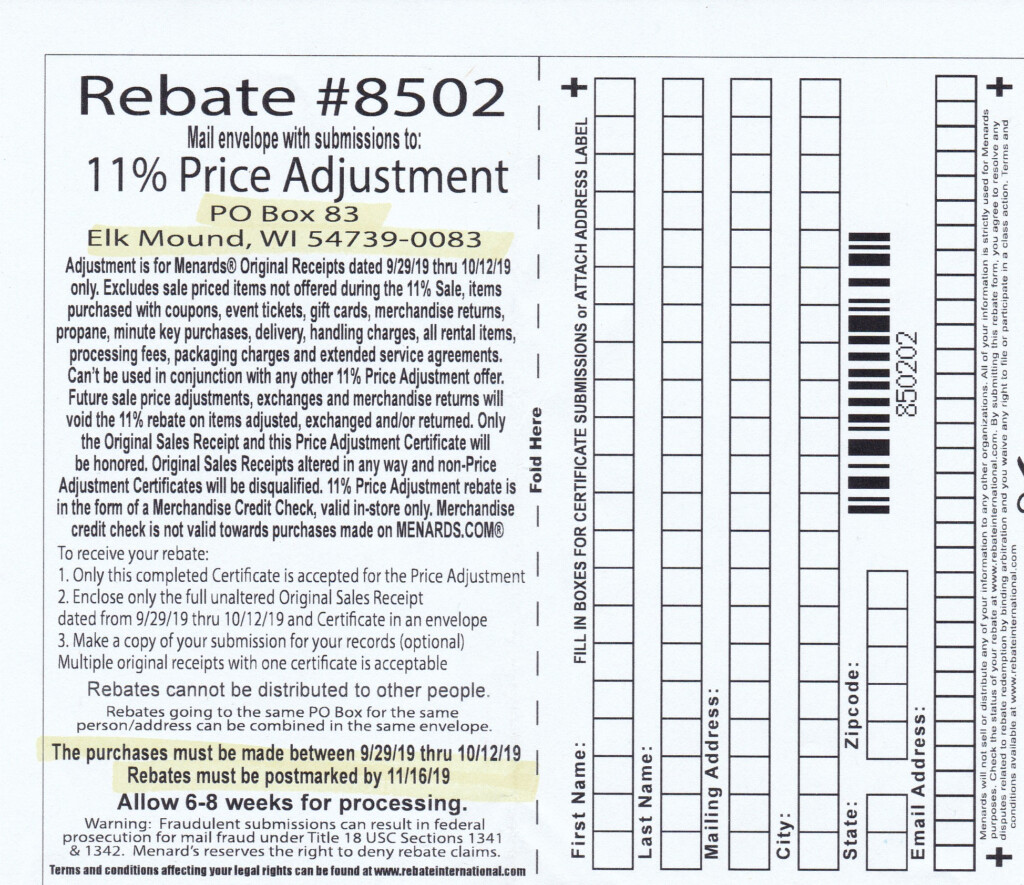 Menards 11 Price Adjustment Rebate 8502 Purchases 9 29 19 10 12 19