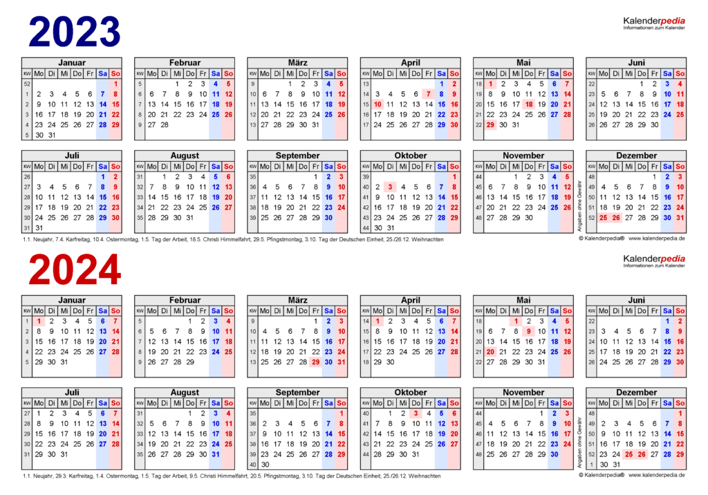 Zweijahreskalender 2023 Und 2024 Als Excel Vorlagen Zum Ausdrucken 